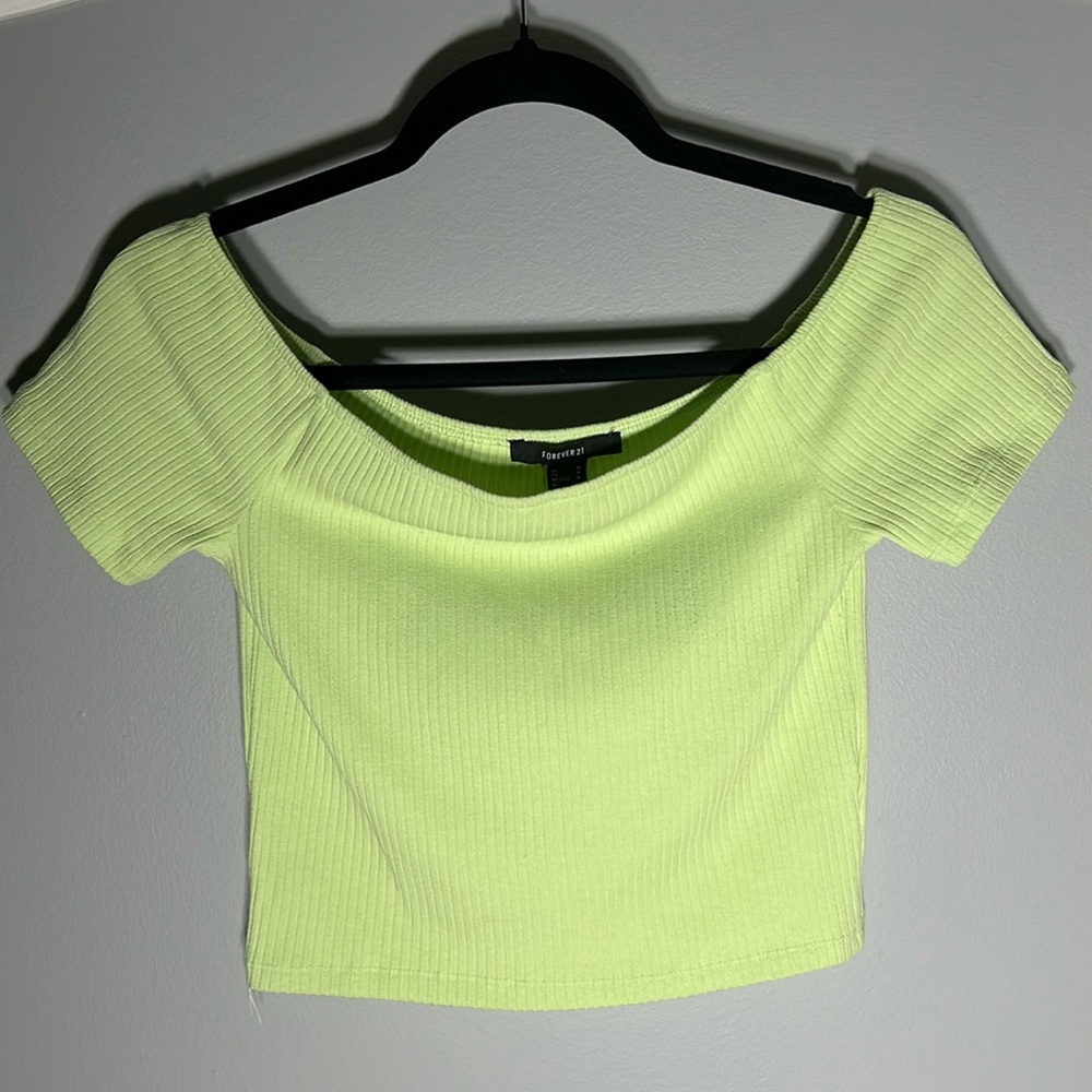 Forever 21 ribbed lime green cropped off shoulder top